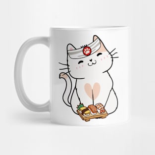 Funny white cat is a sushi chef Mug